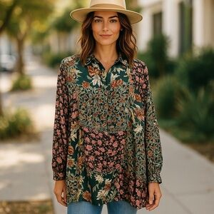 Women’s Vintage Jane Ashley Rayon Boho Western  Floral Patchwork Blouse Size L